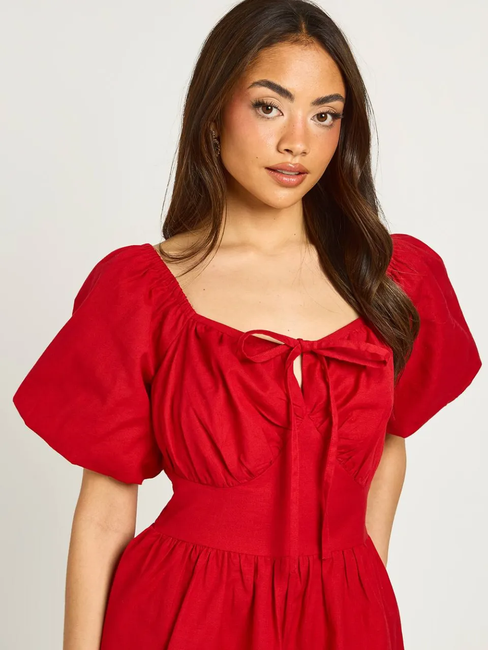 boohoo Dames Linnen-look Mini Jurk Met Volumineuze Mouwen rood, foto 4