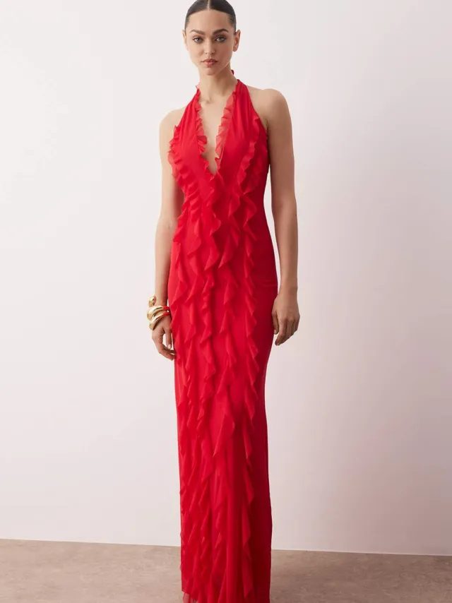 Trendyol TRENDYOLMİLLA Dames Rood Effen Maxi Mouwloos Diploma-uitreiking / Gala A-lijn Avond & Gala Jurk