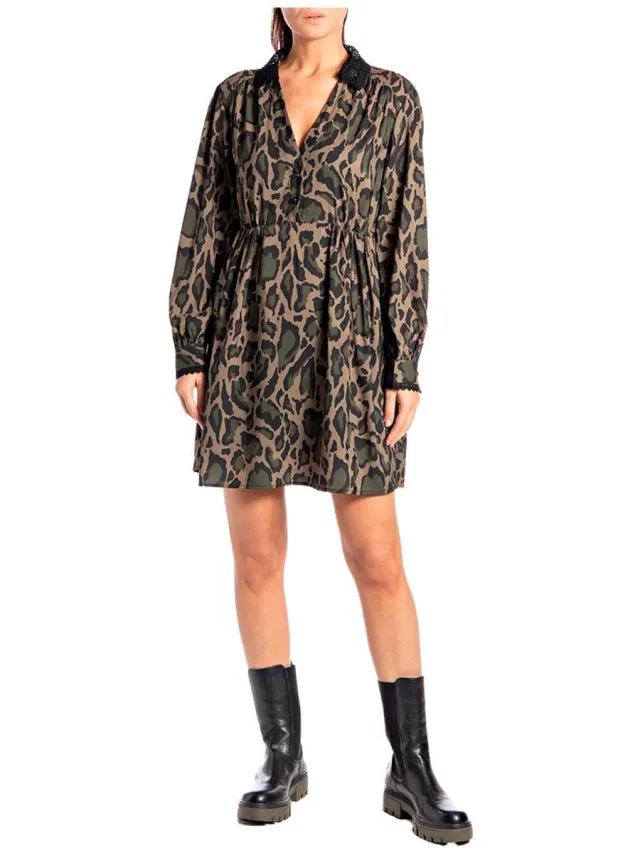 Replay W9758 .000.73820 Lang Mouw Jurk Groen M Vrouw Black / Military Green / Olive
