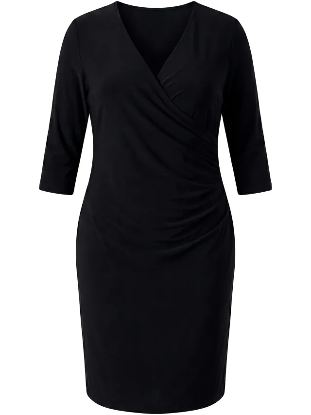 Ulla Popken Dames - Jersey jurk wikkellook V-hals 3/4 mouwen - Zwart - Maat 46+