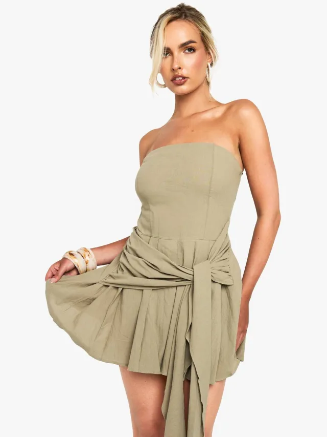 boohoo Dames Linnenlook Geplooide Wrap Mini Jurk Groente
