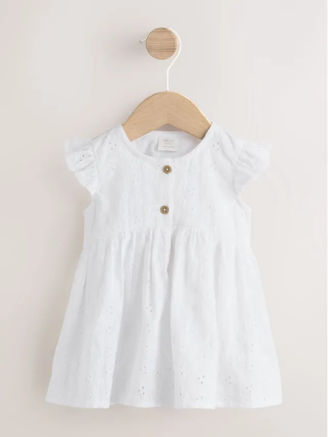 Next Meisjes - Geweven babyjurkje met ingebouwd rompertje - Wit White Broiderie