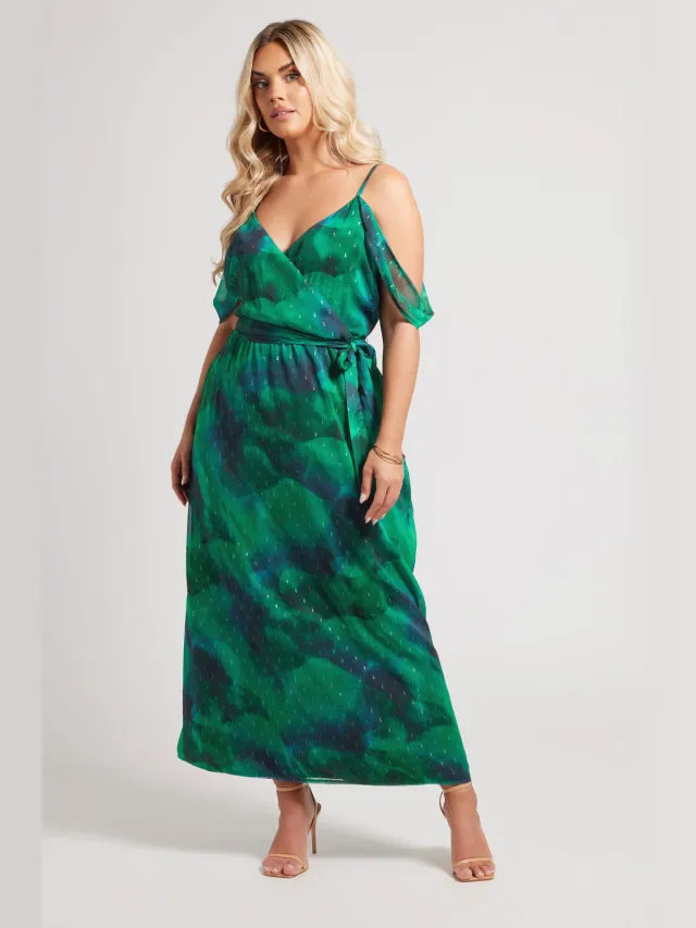 Yours London Midaxi Jurk Met Abstracte Print En Blote Schouders In Metallic Groen Green