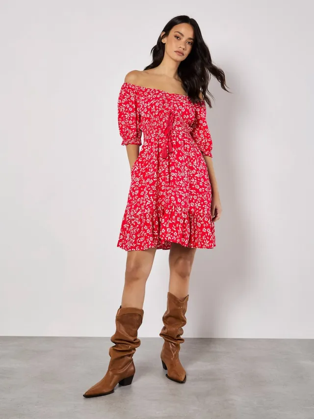 Apricot Sarasa mini-jurk met bloemenprint en Bardot-hals rood