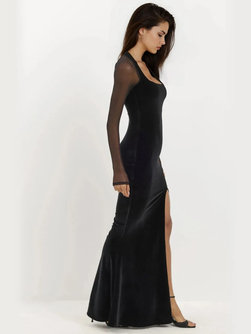 Hiccup Velvet Bodycon Avondjurk met Lange Mouwen zwart, foto 2