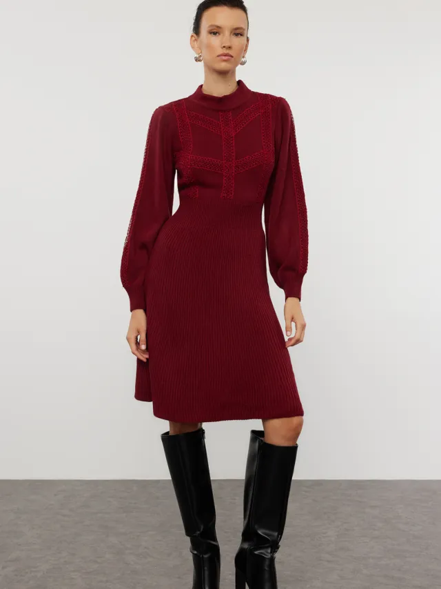 Trendyol TRENDYOLMİLLA Dames Bordeaux Effen Kort / Mini Lang Zakelijk A-lijn Jurken Bordeauxrood