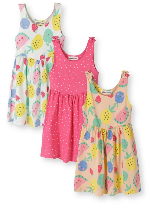 Minoti Meisjes Jurk 3-pack mouwloos fruitprint - kniehoogte Wit