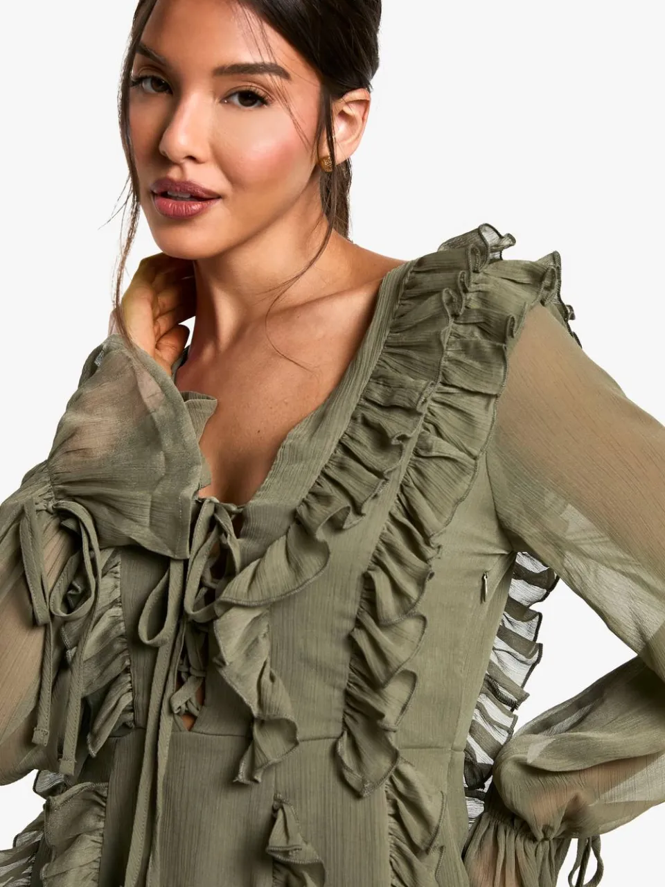 boohoo Dames Crinkle Chiffon Ruffle Shift Jurk donkere olijf, foto 3