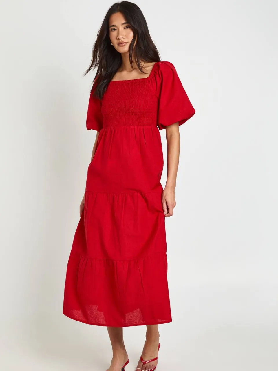 boohoo Dames Linnen-look Jurk Met Volumineuze Mouwen En Gelaagde Midaxi Rok rood, foto 2