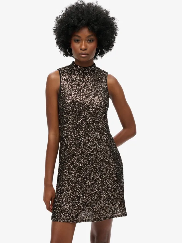 Superdry Mouwloze mini-jurk met lovertjes en A-lijn - Dames - Jurken Bronze Mega Sequin