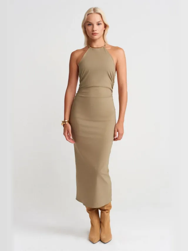 Dilvin Halternekk Bodycon Midi-jurk Kaki