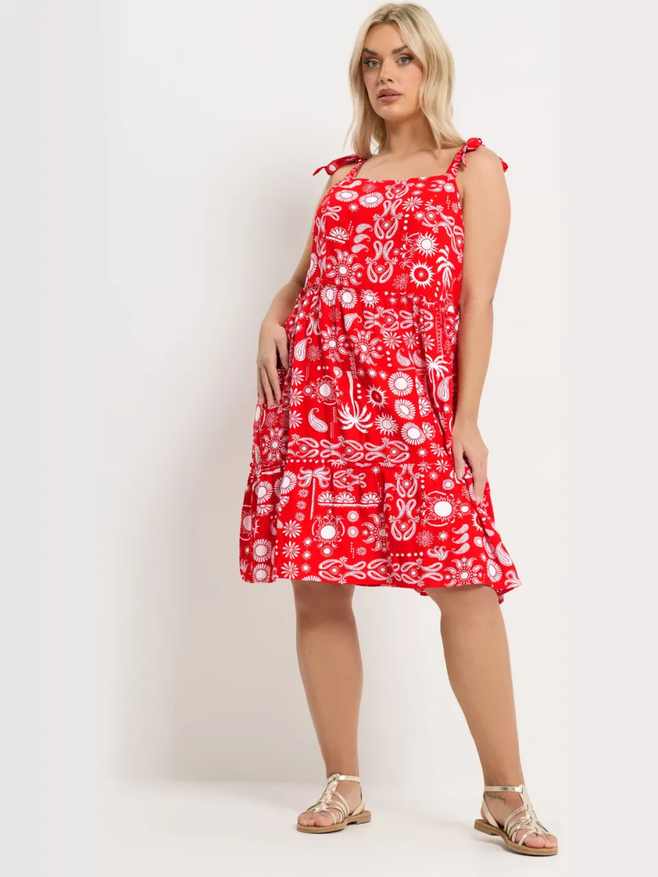 Yours Rode Gesmokte Linnen Jurk Met Gemixte Print rood, foto 2