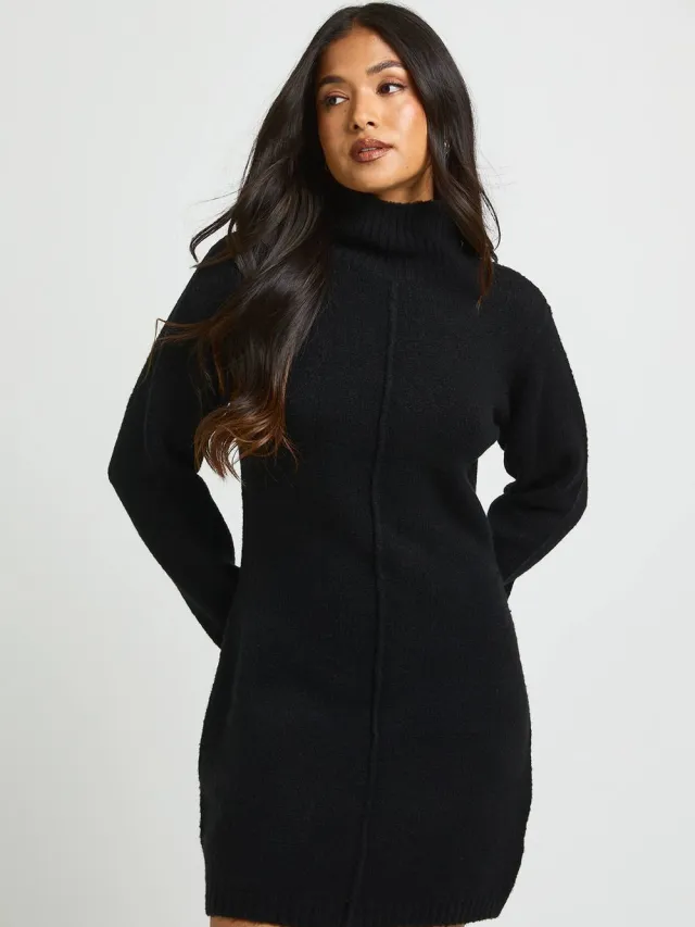 boohoo Dames Petite Gebreide Mini-jaspjurk Met Hoge Kraag En Naaddetail Zwart