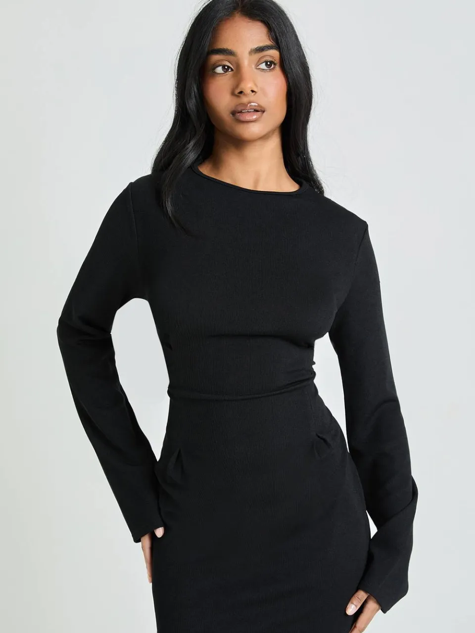 boohoo Dames Geribbelde Jurk Met Lange Mouwen En Getailleerde Taille zwart, foto 3