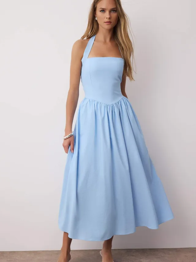 Trendyol TRENDYOLMİLLA Dames Blauw Effen Maxi Mouwloos Avond / Dagelijks Skater Jurken