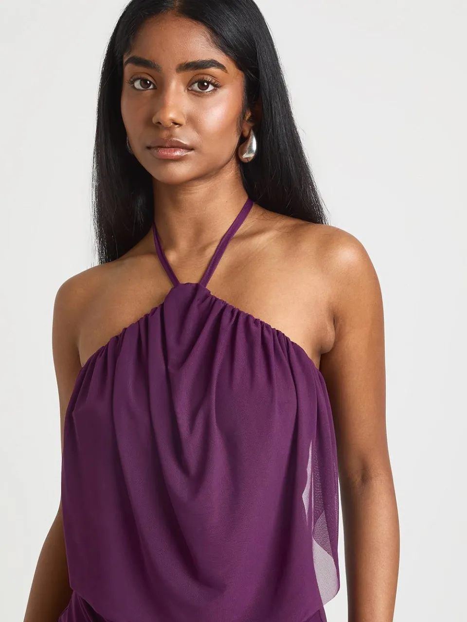 boohoo Dames Mesh Halterneck Cowl Bodycon Midaxi Jurk pruim, foto 3
