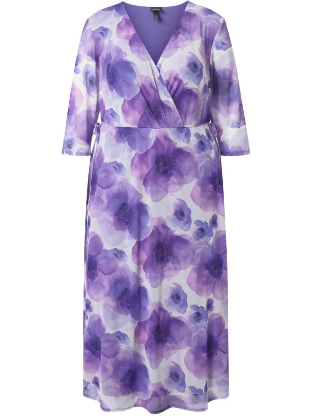 Ulla Popken Dames - Maxi-jurk bloemen dubbellaags V-hals korte mouwen - Purper - Maat 42+