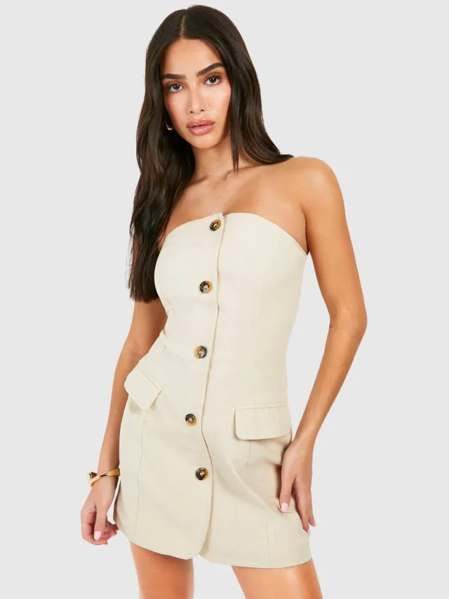 boohoo Dames Petite Linen Look Bandeau Blazerjurk Natural