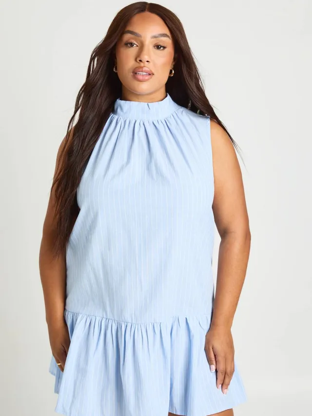 boohoo Dames Plus Gestreepte Mini-jurk Met Hoge Hals En Volantrand Blauw