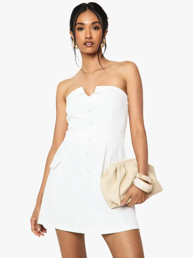 boohoo Dames Button Front Bandeau Tailored Mini Jurk Ivoor