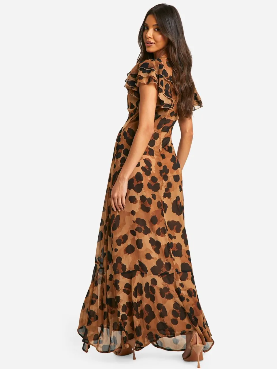 boohoo Dames Luipaard Crinkle Chiffon Engelenmouw Maxi Jurk bruin, foto 2