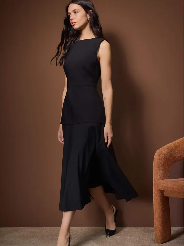 Trendyol TRENDYOLMİLLA Dames Zwart Effen Midi Mouwloos Casual Skater Jurken