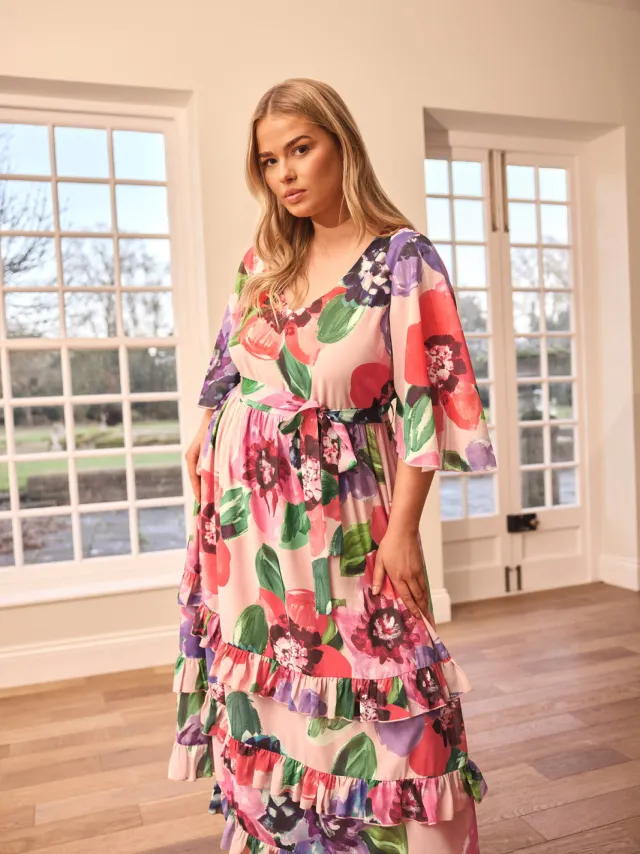 Yours London Maxi Jurk Met Bloemenmotief En Gelaagde Zoom In Roze Pink