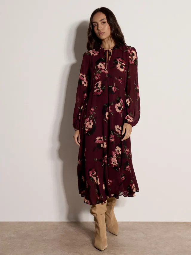 Apricot Midi-jurk van chiffon met bloemenprint burgandy