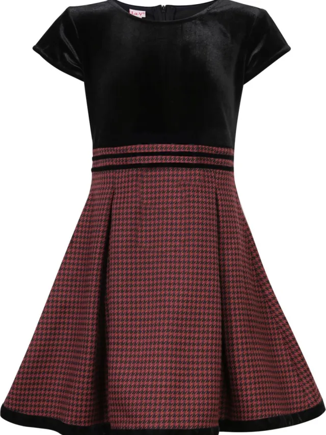 La V Feestelijke jurk met pied-de-poule dessin -Aubergine 152 Aubergine met pied-de-poule