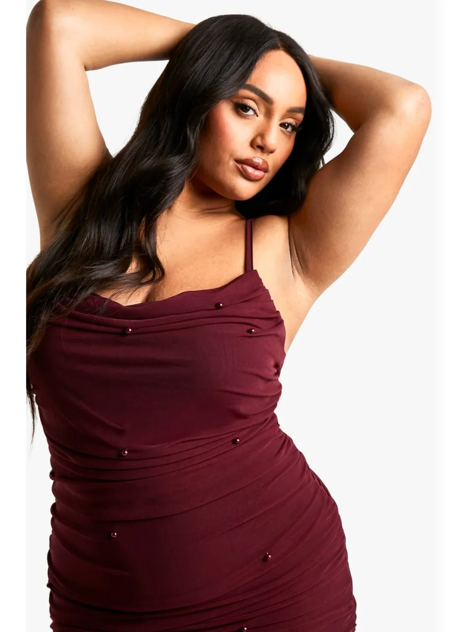 boohoo Dames Plus Kralenversierde Bandjes Midaxi-Jurk bordeaux rood, foto 3
