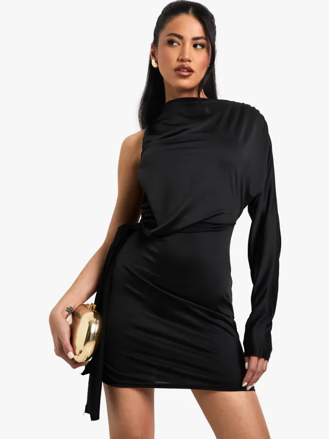 boohoo Dames Slinky One Shoulder Knot Detail Mini Jurk zwart, foto 2