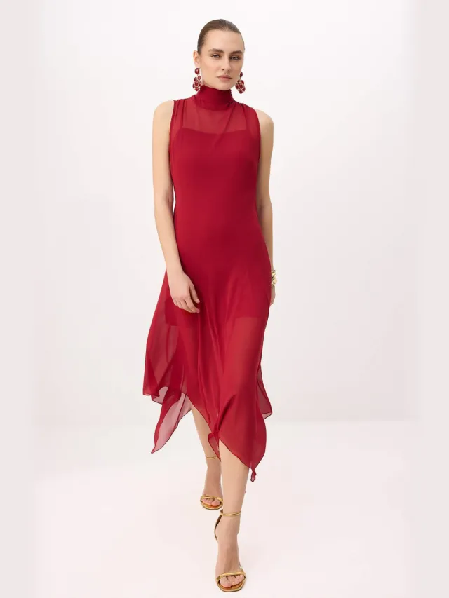 Trendyol TRENDYOLMİLLA Dames Bordeaux Effen Midi Mouwloos Asymmetrisch Jurken Bordeauxrood