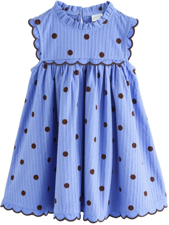 Next Meisjes - Mouwloze zomerjurk met geschulpte rand - Blauw Blue Spot