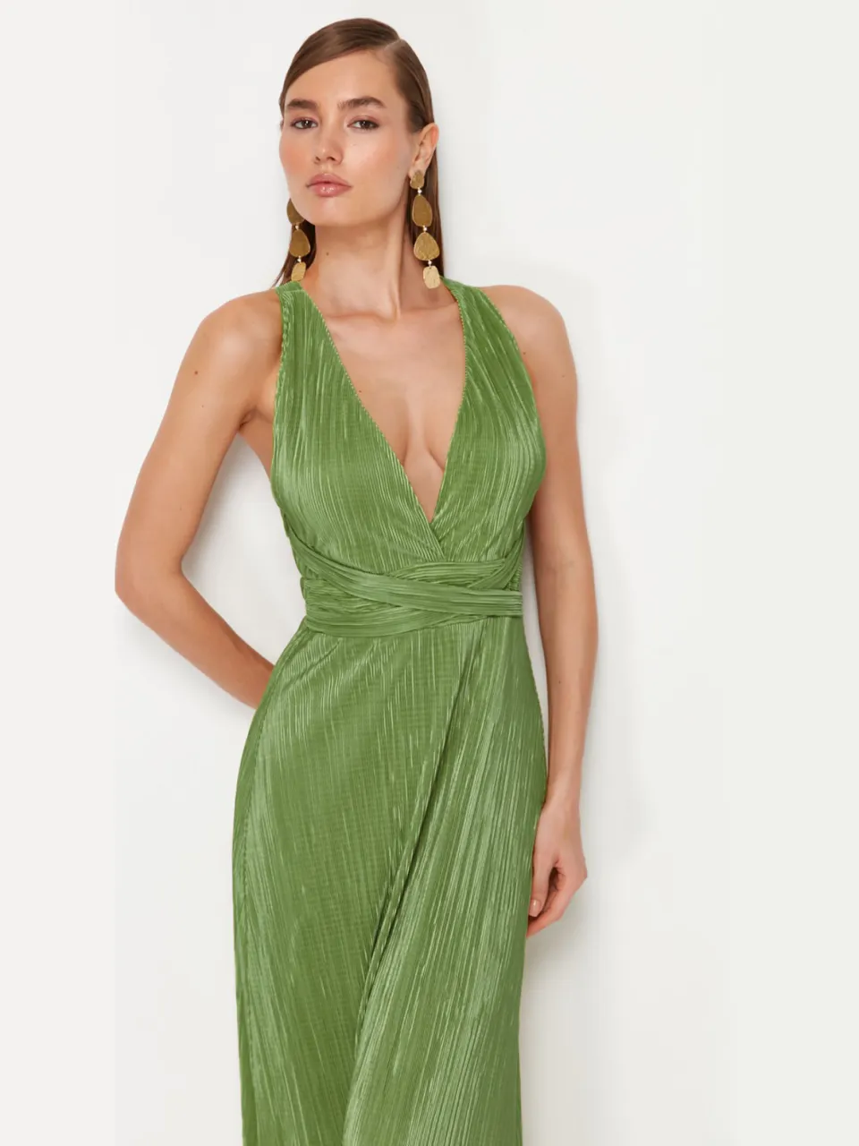 Trendyol TRENDYOLMİLLA Dames Groen Effen Maxi Mouwloos Diploma-uitreiking / Gala A-lijn Avond & Gala Jurk, foto 2