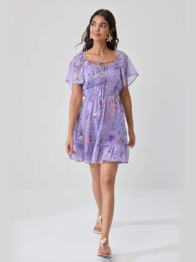 Trendyol TRENDYOLMİLLA Dames Paars Bloemen Kort / Mini Kort A-lijn Jurken Lila