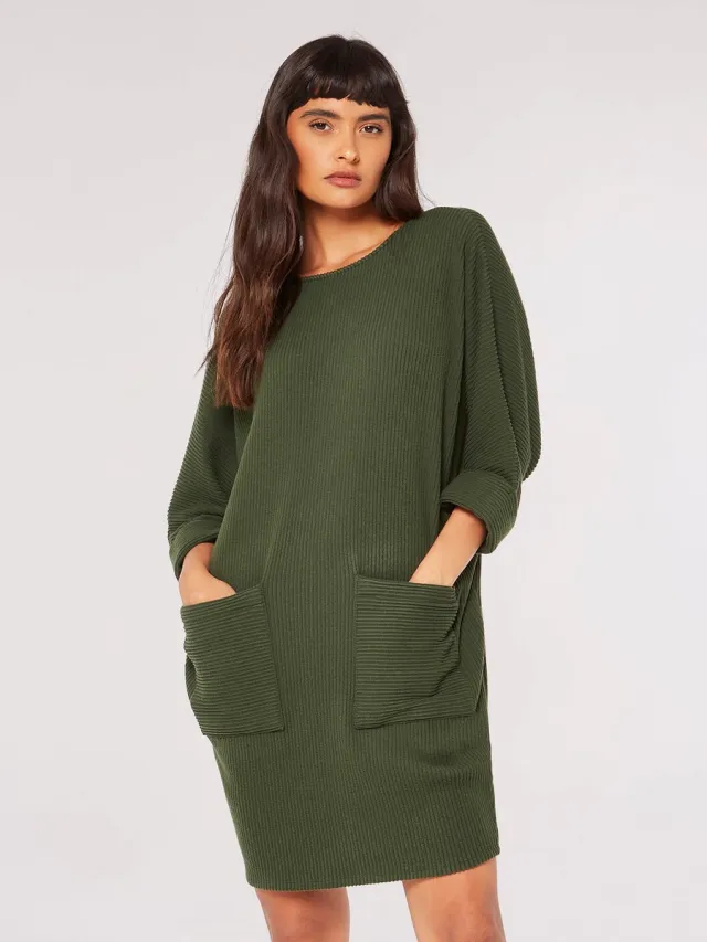 Apricot Geribde gebreide cocoon-minijurk Groen