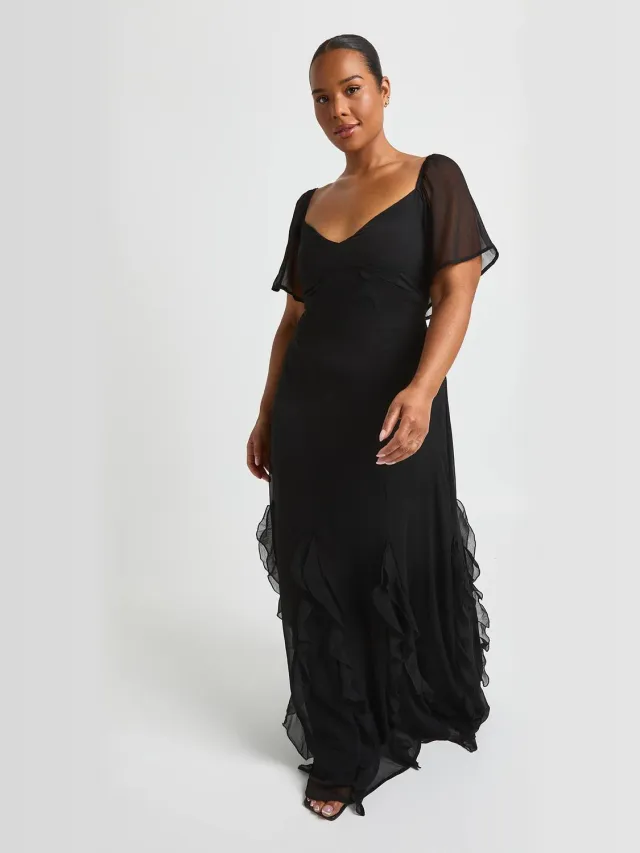 boohoo Dames Plus Chiffon Pofmouw Ruffle Maxi Jurk Zwart