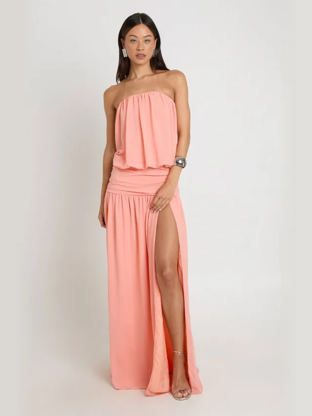boohoo Dames Lange Chiffon Bandeau Blouson Geplooide Lage Taille Maxi Jurk Perzik