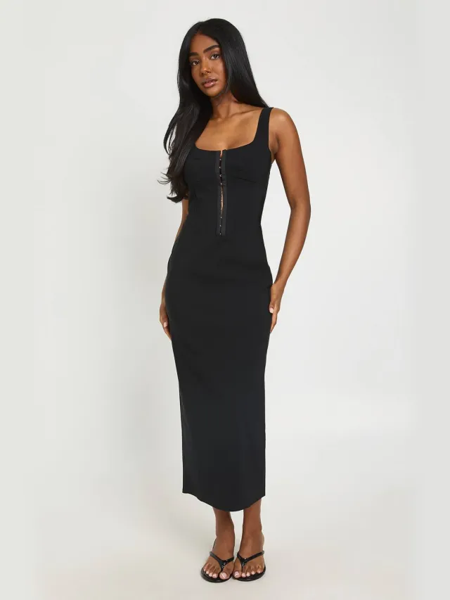 boohoo Dames Bengaline Midaxi Jurk Met Haak-en-oog Sluiting Zwart