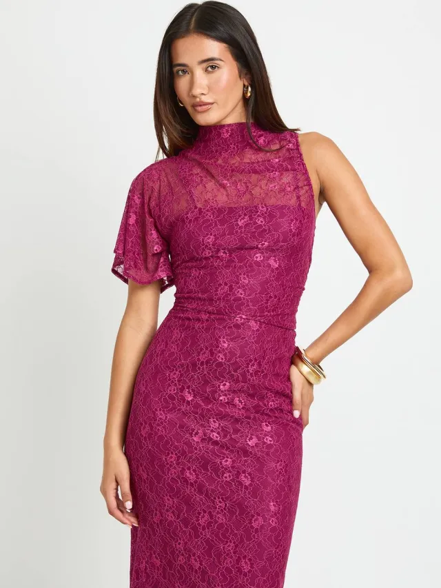 boohoo Dames Kanten One-shoulder Maxi-jurk Met Hoge Hals bordeaux rood, foto 3
