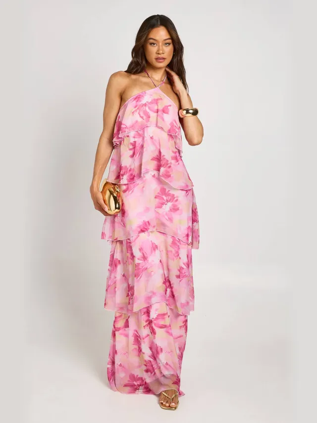 boohoo Dames Lange Chiffon Gebloemde Gelaagde Halternek Maxi Jurk Roze