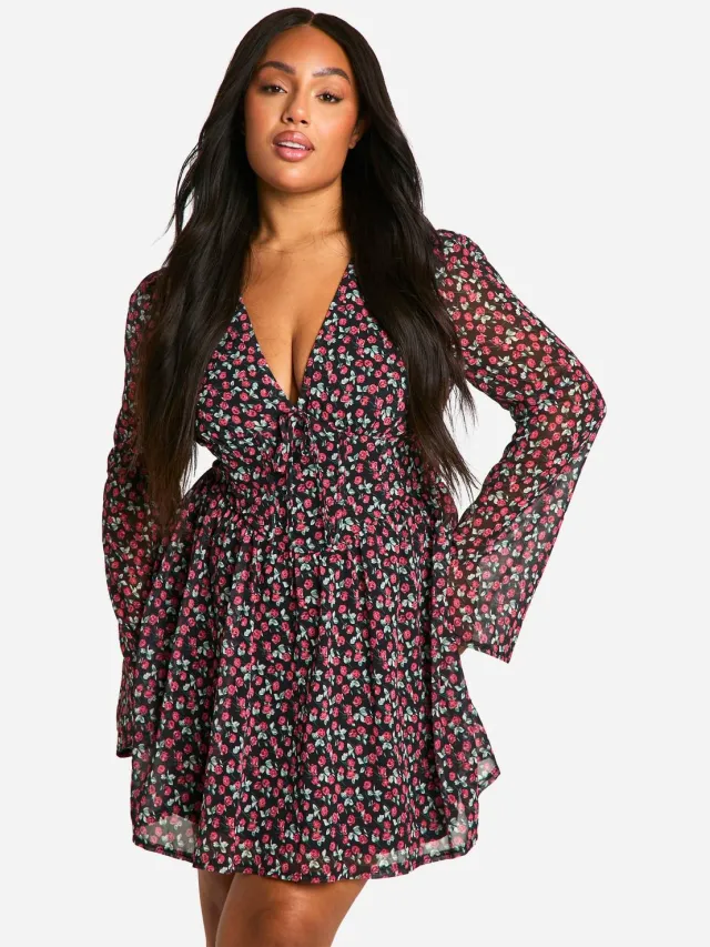 boohoo Dames Plus Geweven Bloemen Milkmaid Skaterjurk Zwart