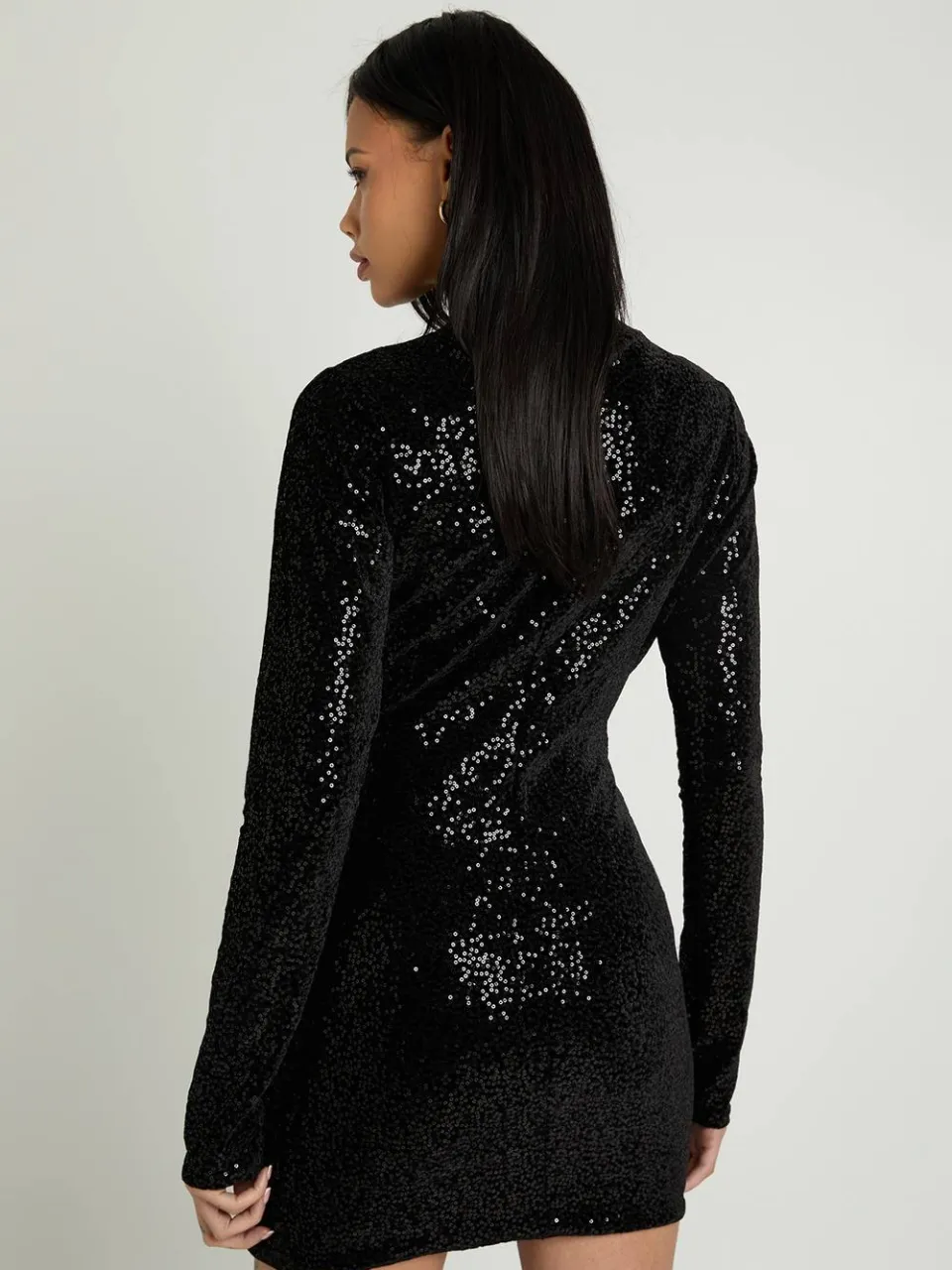 boohoo Dames Fluwelen Pailletten Mini Jurk Met Hoge Hals En Lange Mouwen zwart, foto 3