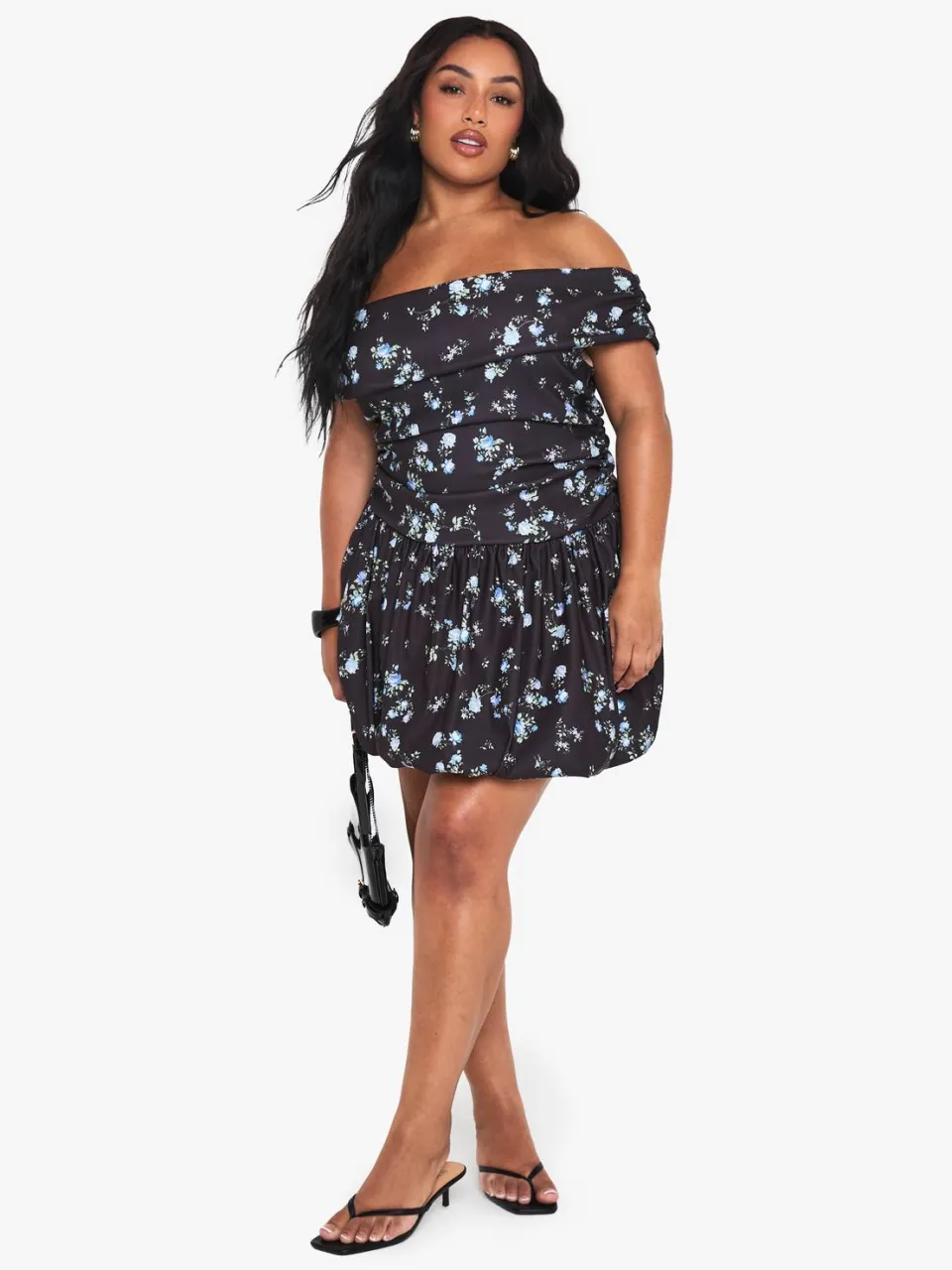 boohoo Dames PLUS DISTY BENGALINE BARDOT PUFFBALL MINI JURK zwart, foto 3