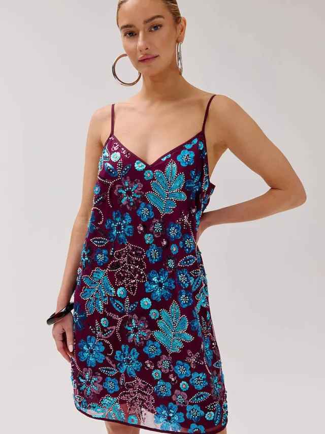 Harper & Yve gebloemde cocktailjurk met pailletten donkerpaars Paars/blauw