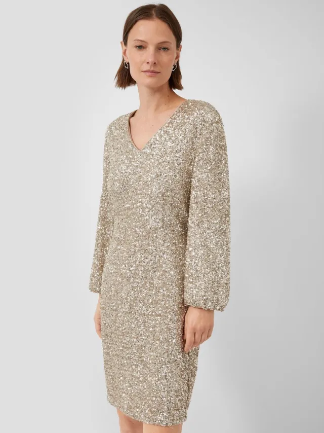 S.Oliver female - Korte satijnen jurk met pailletten en V-halslijn beige