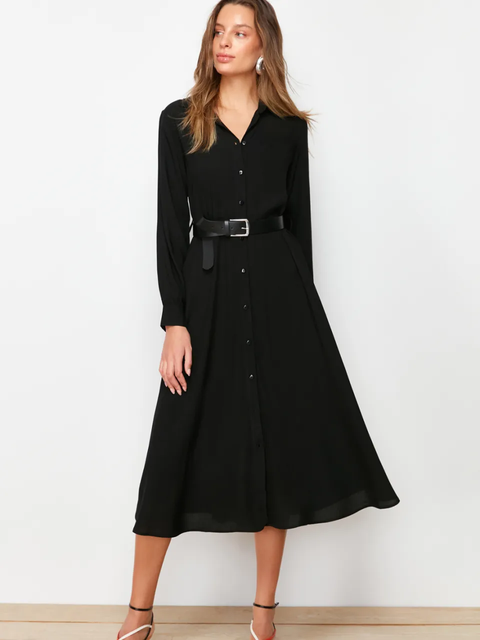 Trendyol TRENDYOLMİLLA Dames Zwart Effen Midi Lang Avond / Dagelijks Blousejurk Jurken, foto 2