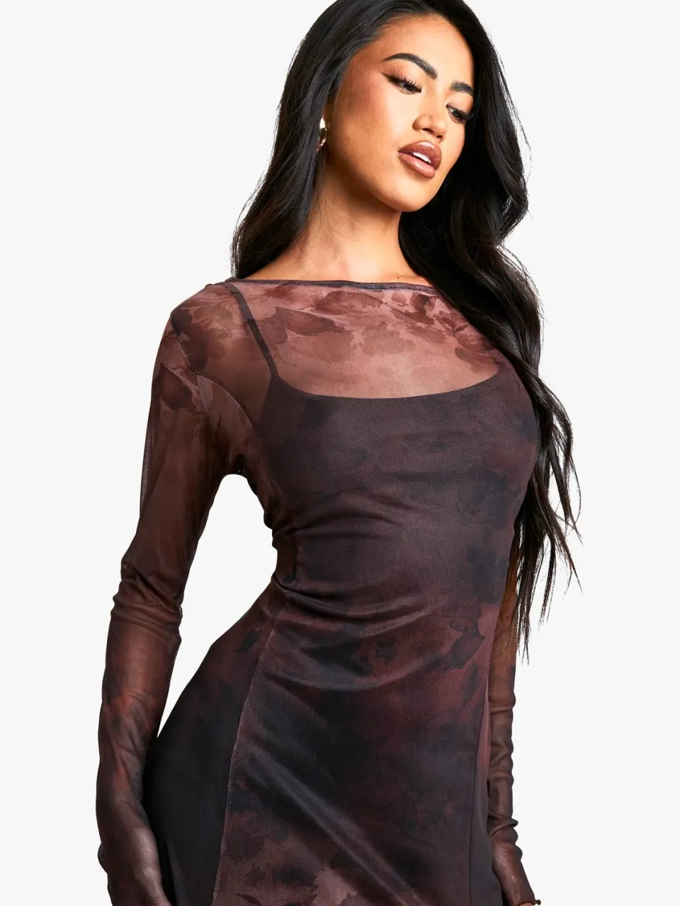 boohoo Dames Florale Godet-zoom Maxi Jurk bruin, foto 2