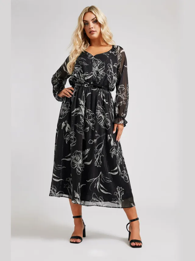 Yours London Midaxijurk Met Bloemontwerp En Riem In Metallic Zwart/Wit Black