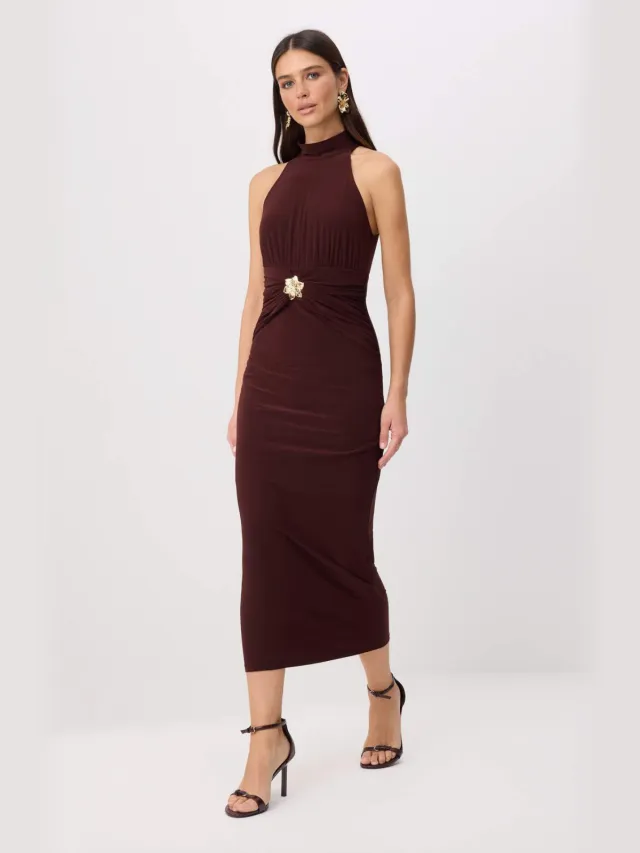 Trendyol TRENDYOLMİLLA Dames Bruin Effen Midi Mouwloos Bodycon Jurken